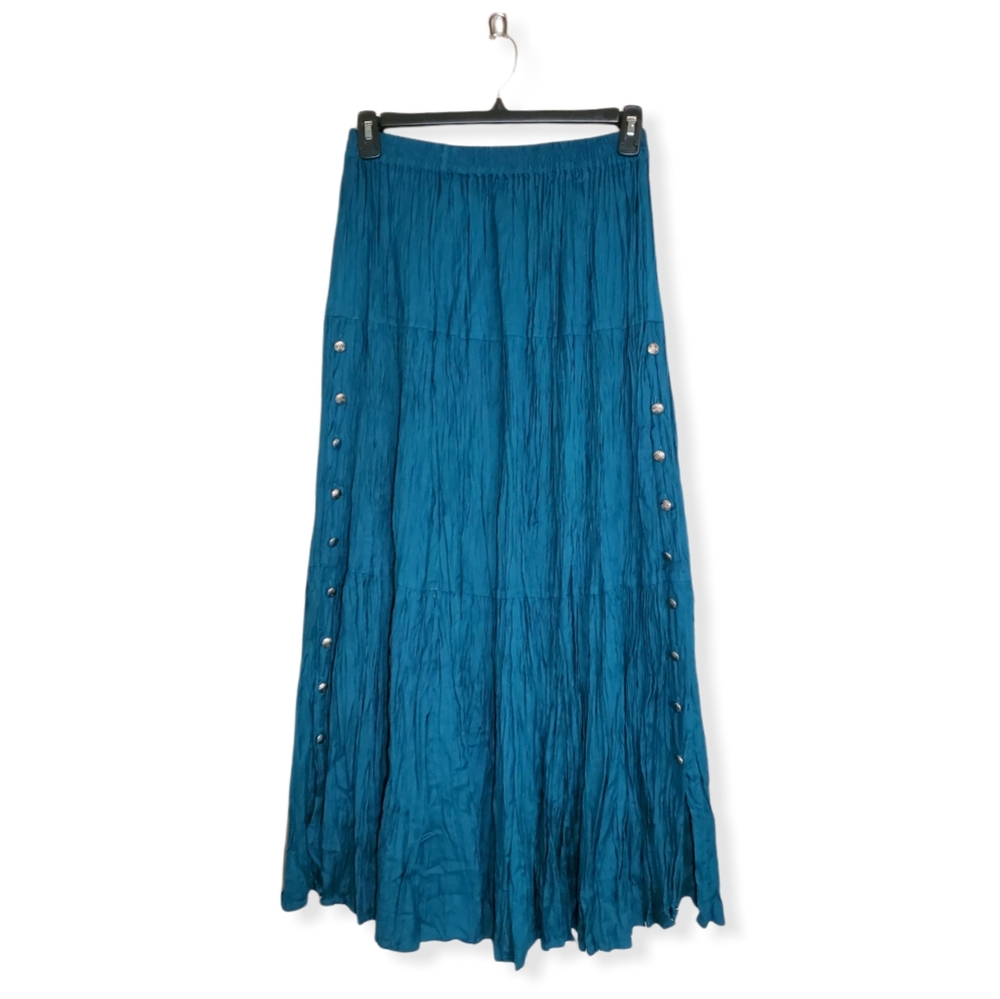 Western-style long teal skirt with silver tone buttons